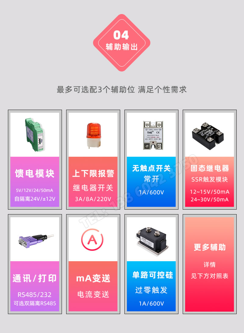 3個(gè)輔助輸出位，報(bào)警開關(guān)量、RS485/232通訊、饋電、電流變送